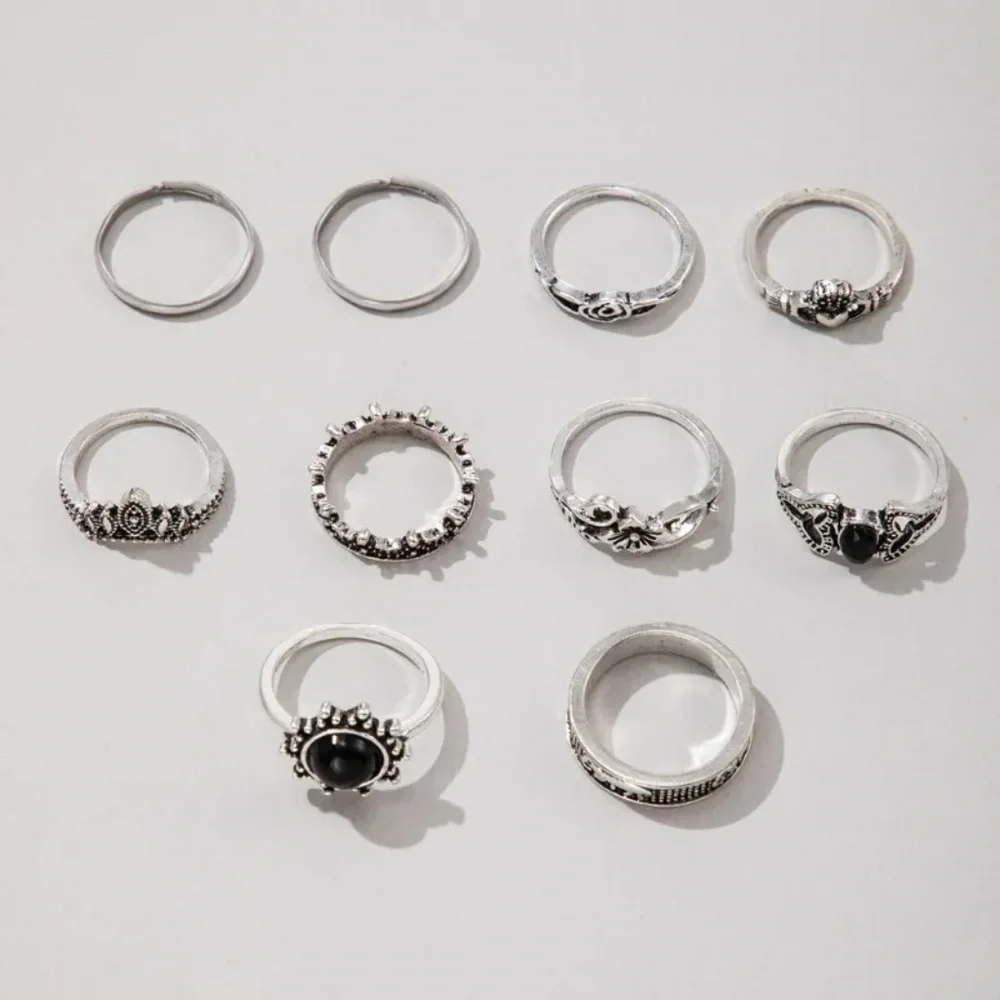 *HALLE* 10-Pc Silver x Black Gem Fashion Ring Set